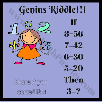 If  8=56, 7=42, 6=30, 5=20 then 3=?. Can you solve this Genius Brain Teaser?