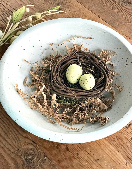 Speckled egg wooden bowl with eggs