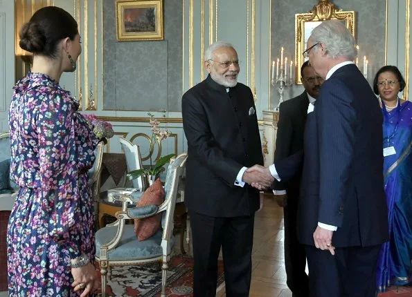 Crown Princess Victoria wore & Other Stories Floral Print Maxi Dress. Prime Minister Narendra Modi of India at Royal Palace. India-Nordic summit