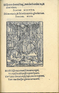 Image of Death (as a skeleton) attacking a figure that appears to be a king or the Pope. Other figures in the room look on aghast at what they see.