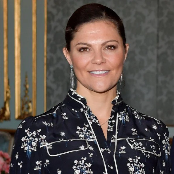 Crown Princess Victoria wore Erdem x H&M printed blouse and Kreuger Jewellery Summer Feather Earrings