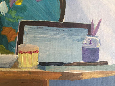 Acrylic painting detail of glass, laptop, and paint supplies by Alaskan artist