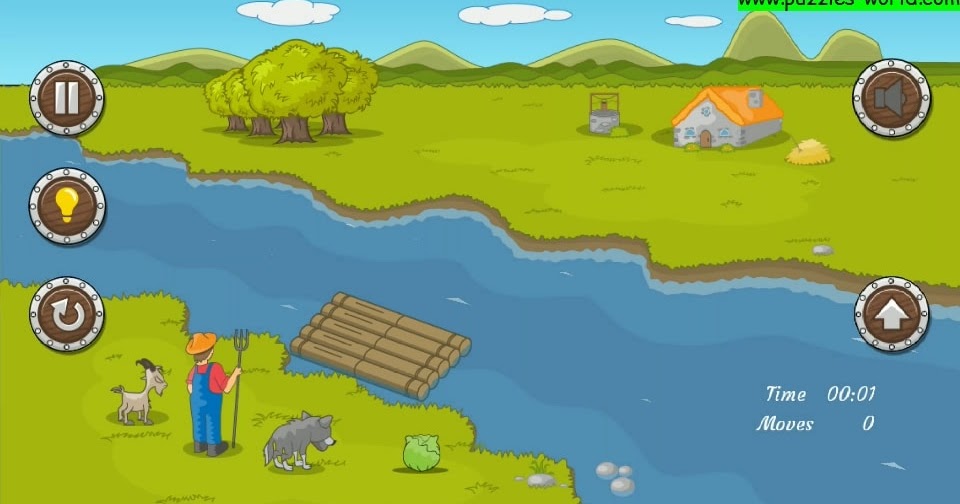 River crossing puzzle Farmer, Goat, Wolf and Cabbage