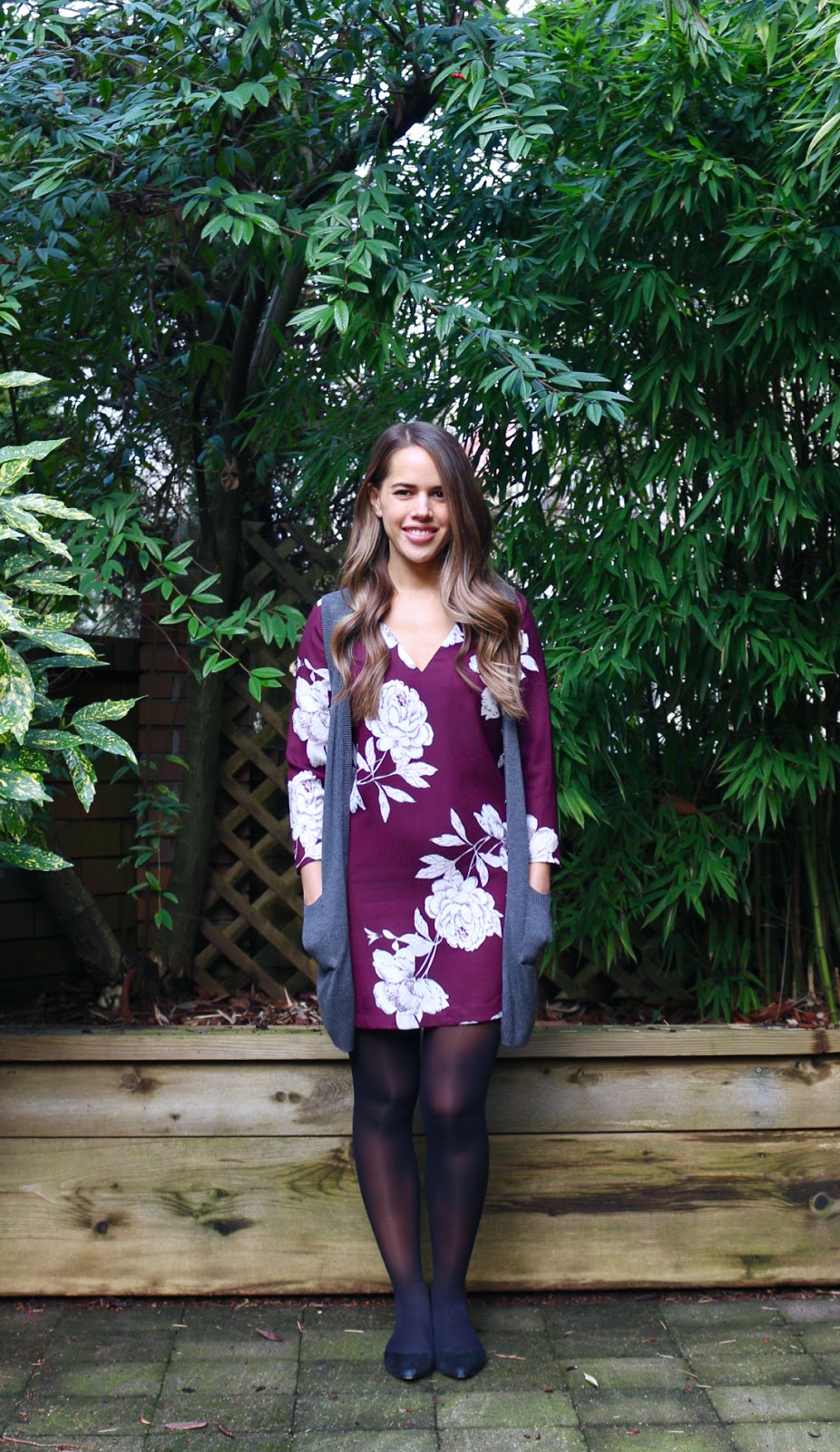 Jules in Flats - Floral Shift Dress with Sweater Vest (Business Casual Winter Workwear on a Budget)