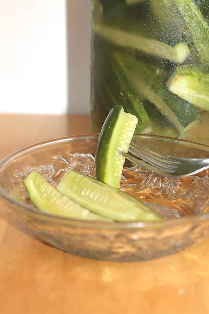 Bowl with refrigerator dill pickle spears and the full jar.