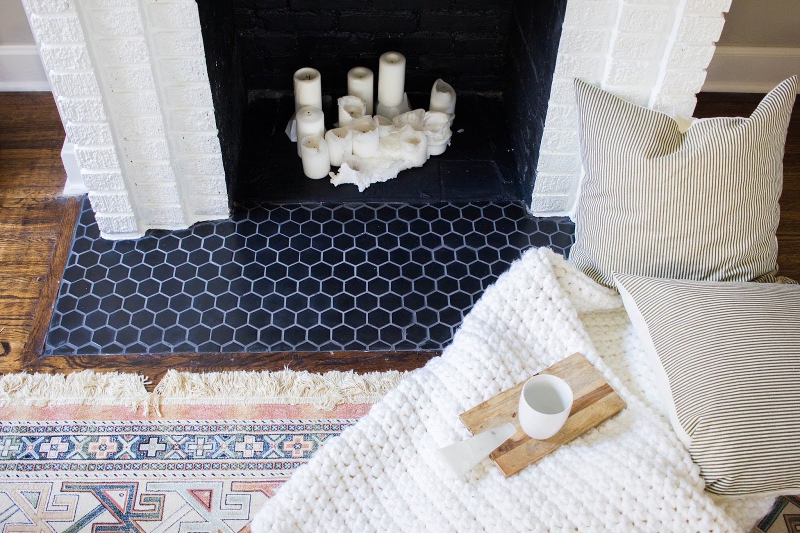 A Diy Fireplace Makeover With Hexagon Tile Always Rooney