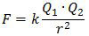 Rumus gaya tarik-menarik atau tolak-menolak di antara benda bermuatan listrik, F=k (Q1∙Q2)/r^2 