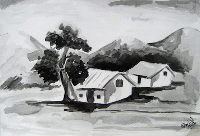 Hilly Landscape in Water Colors (Black and White)