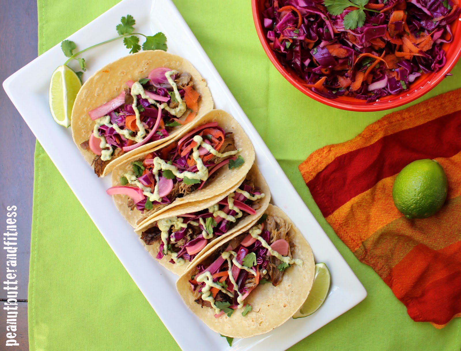 Carnitas Tacos with Red Cabbage Slaw and Poblano Cream Sauce Peanut