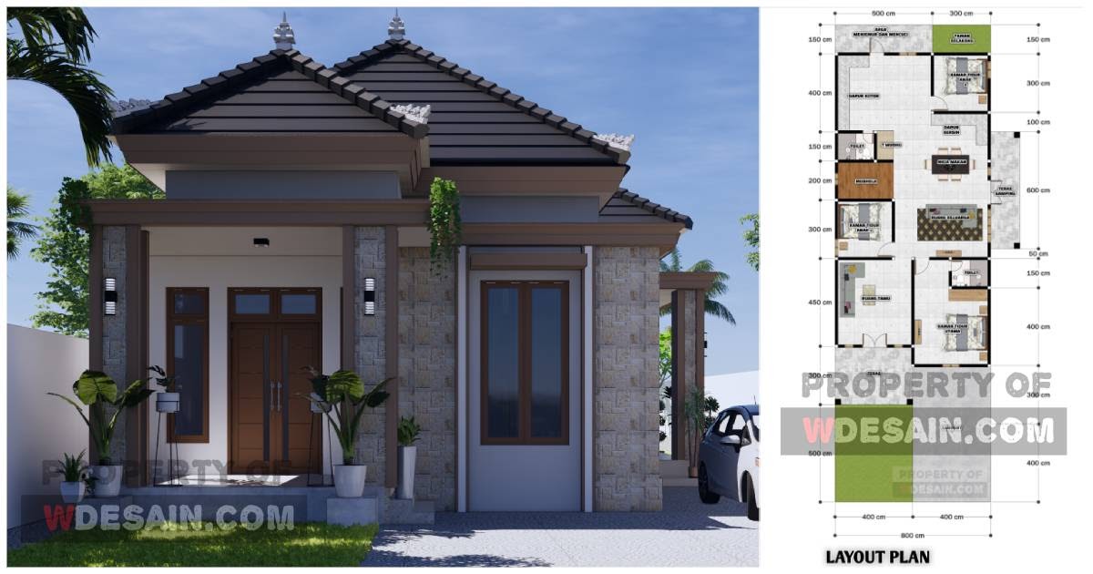 Desain Rumah  10x20 1Lantai 3  Kamar Dengan Teras  Samping 