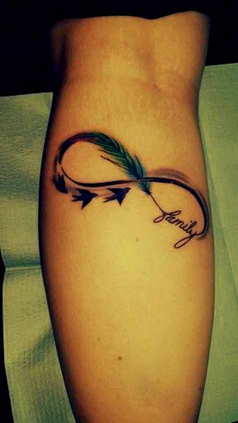 Feather infinity, and bird's family tattoo design on leg
