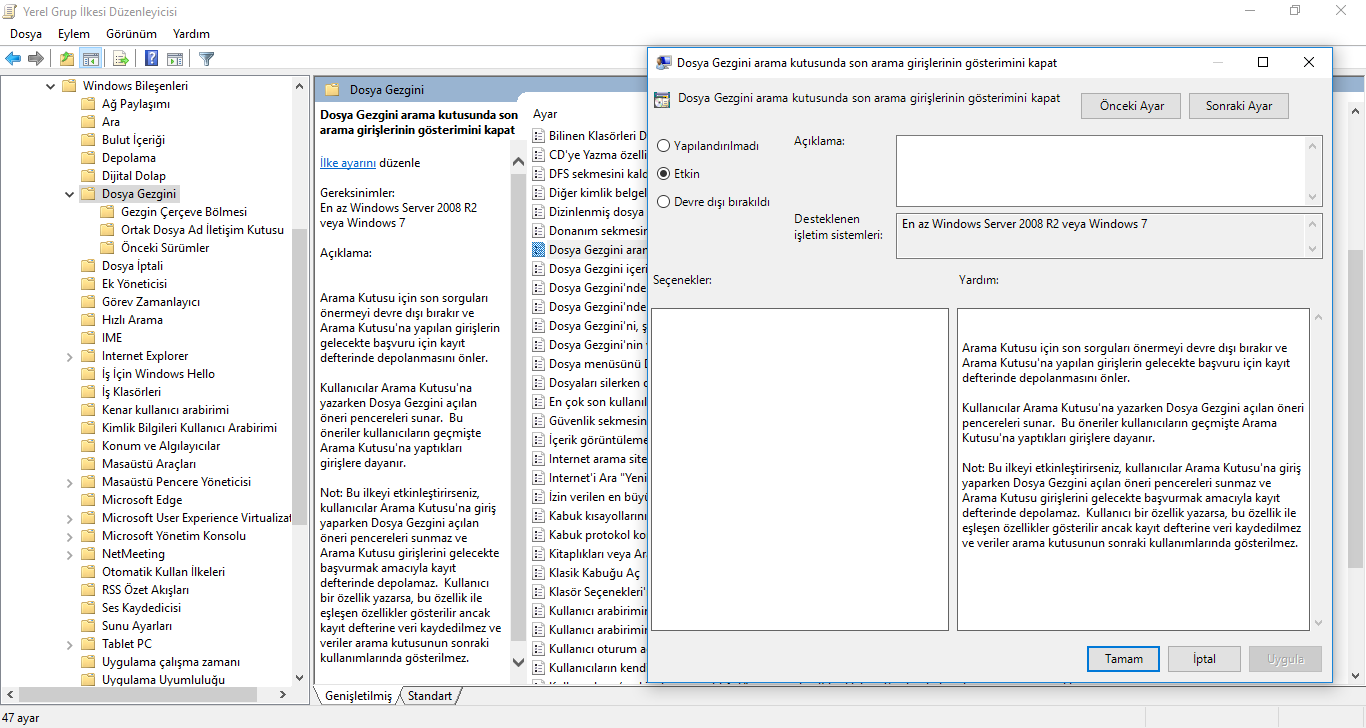 Windows 10 Dosya gezgini'nde arama geçmişini devre dışı bırakma