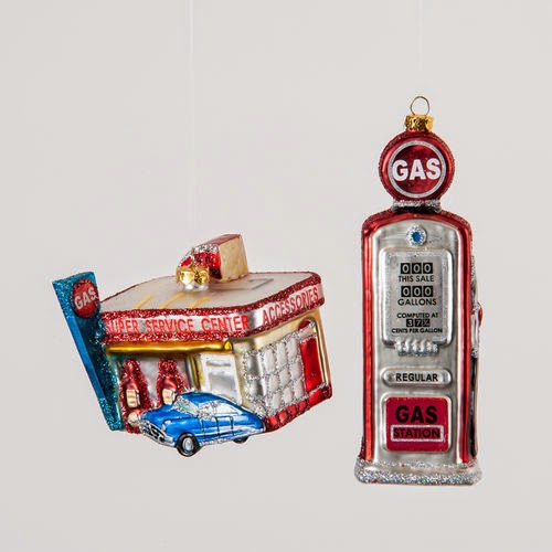 1950s Service Station + Gas Tank Christmas Tree Ornaments