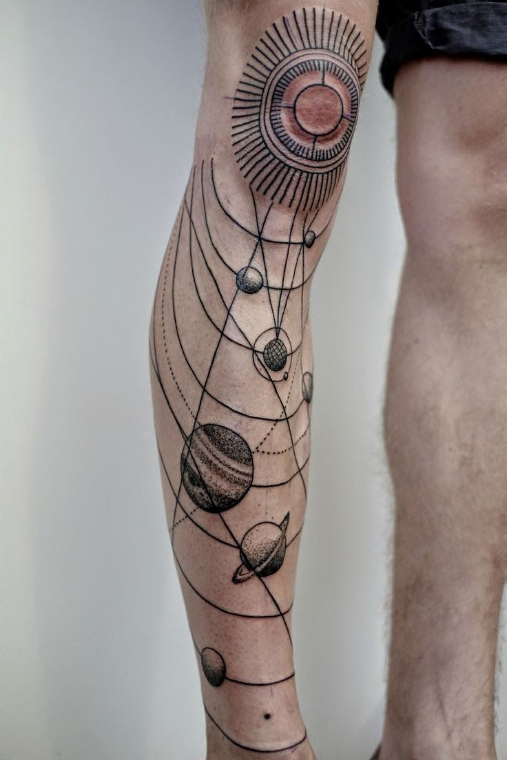 Solar System Design Tattoo on Leg, Leg With Complete Solar System Tattoo, Amazing Solar System Tattoo Designs, Parts, Artist,