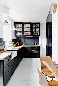 Black Kitchen Cabinets with white countertops and wood counters :: OrganizingMadeFun.com