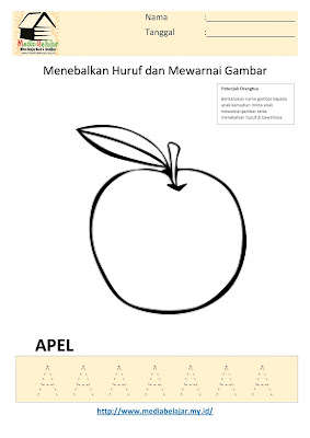 Menebalkan Huruf A dan Mewarnai Gambar Apel
