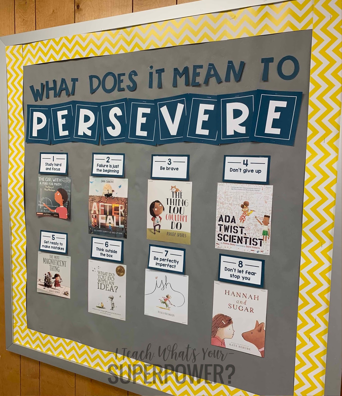 What does it mean to persevere? Teach perseverance with these mentor texts.  Free bulletin board template, too!