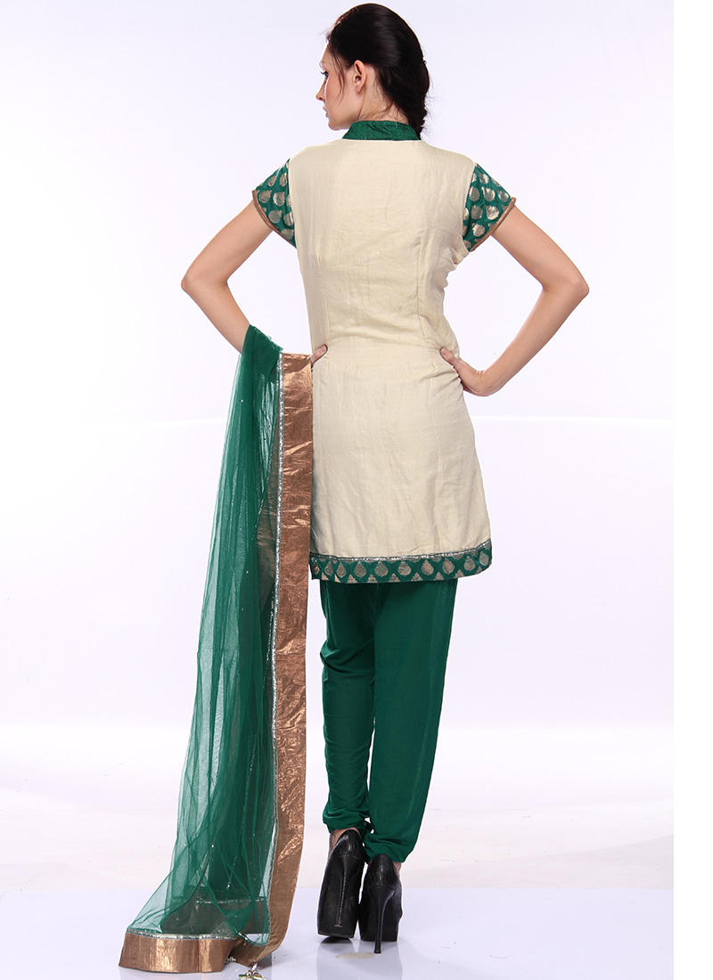 Cream Resham Embroidered Churidar Suit