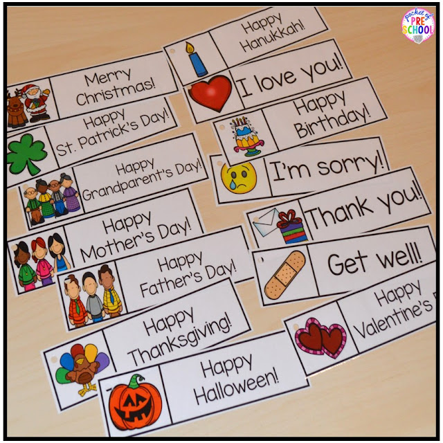 Writing center freebies perfect for preschool, pre-k, and kindergarten (family word cards, event word cards, and fancy writing paper). Fun for a back to school, family theme, or post office theme!