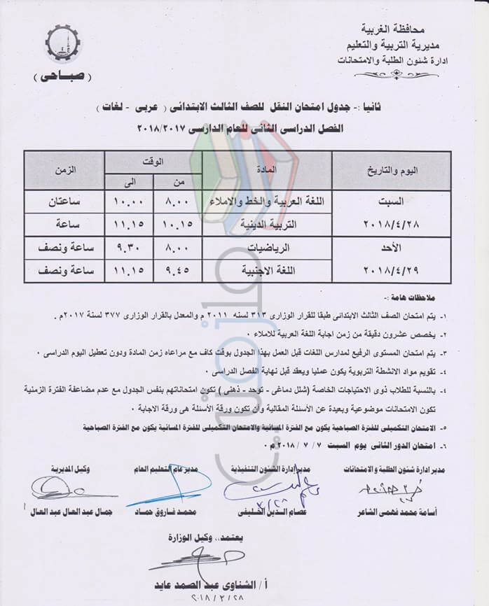 جدول امتحانات الصف الثالث الابتدائي 2018 الترم الثاني محافظة الغربية