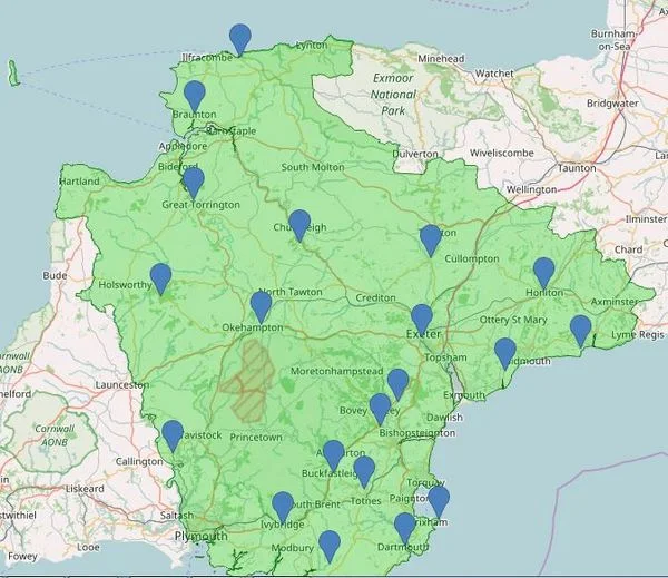 Devon Bat Survey Location Map