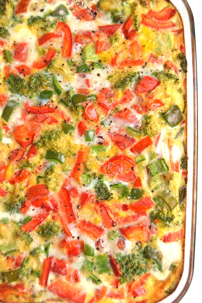 Vegetable Egg Bake with Sweet Potato Crust is loaded with bell peppers, tomatoes and broccoli for a protein and vegetable packed start to your day and is the perfect dish for meal prep! www.nutritionistreviews.com