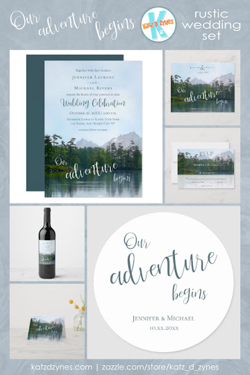 Lake in the mountains our adventure begins wedding invitations and coordinates from katz_d_zynes