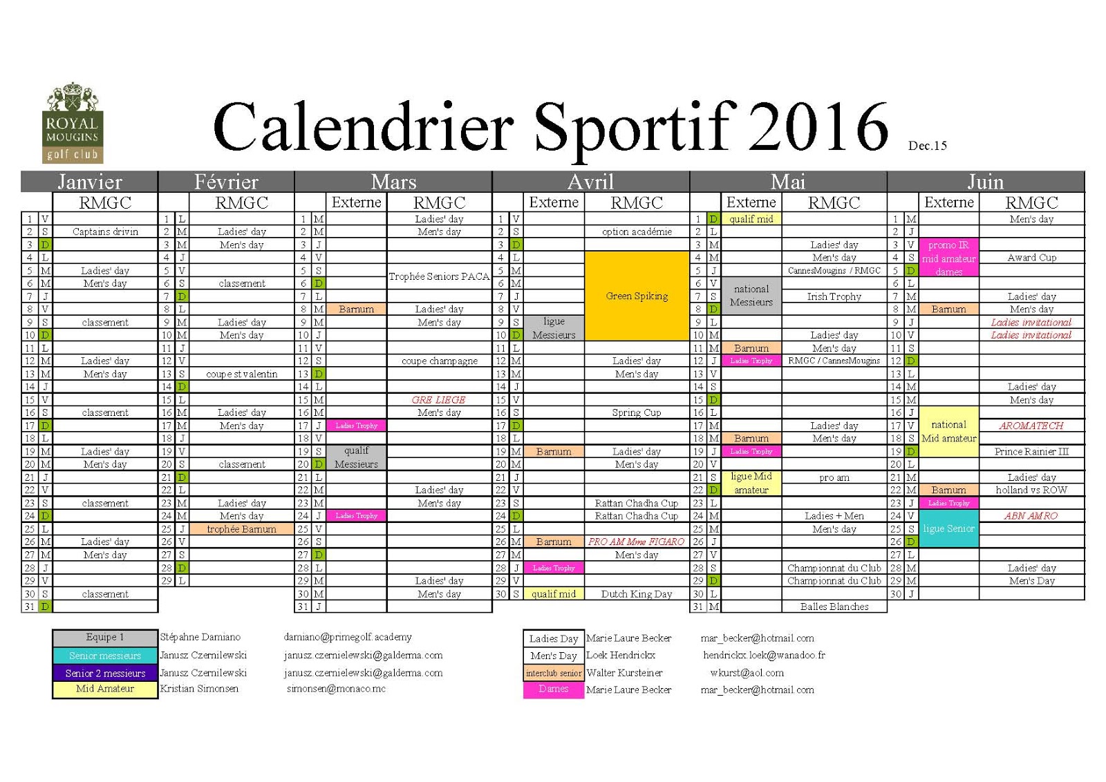Le Blog Membres du Royal Mougins Golf Club: Calendrier Sportif 2016