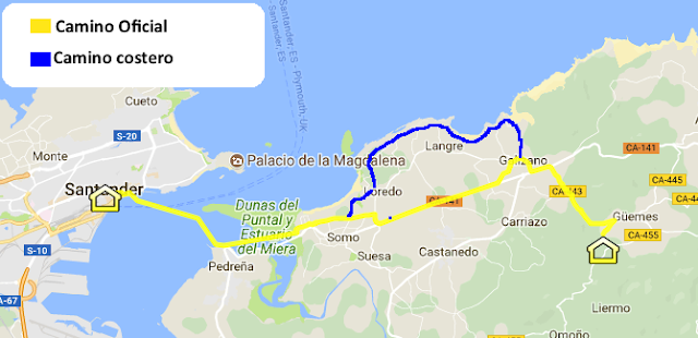 Mapa del camino alternativo por Langre de Güemes a Santander