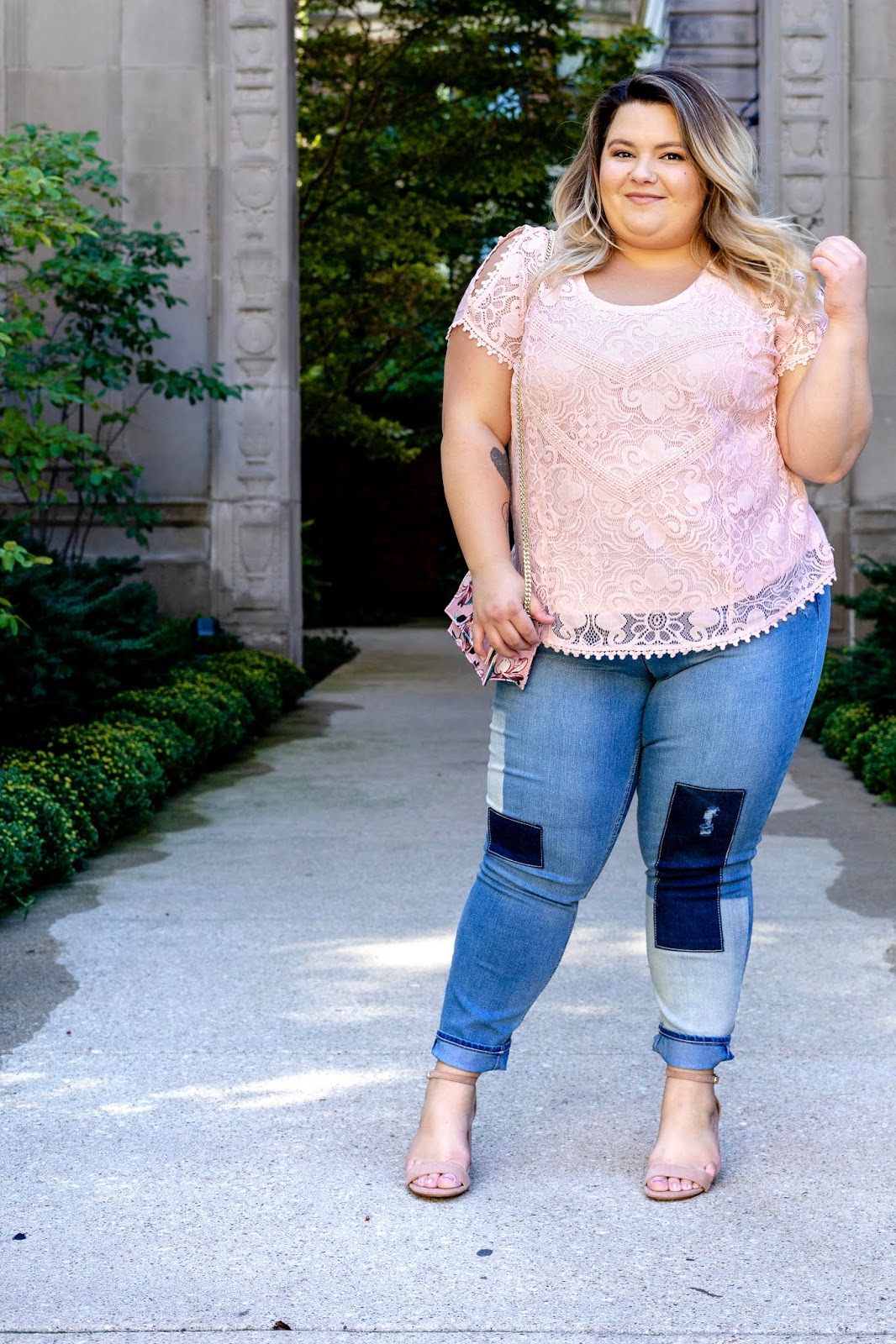 Chicago fashion blogger, Chicago plus size fashion blogger, natalie Craig, natalie in the city, plus size fashion, Chicago fashion, plus size fashion blogger, eff your beauty standards, fatshion, skorch magazine, Chicago model, plus size model, plus size petite, affordable plus size clothing, embrace your curves, plus model magazine,  petite plus size, body positive, breast cancer awareness, stage stores, plus size stage, patch jeans, patchwork denim, breast cancer research fund