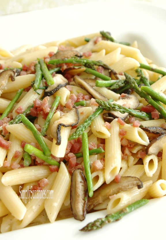Simply Suzanne's AT HOME penne with asparagus, shiitake, and pancetta