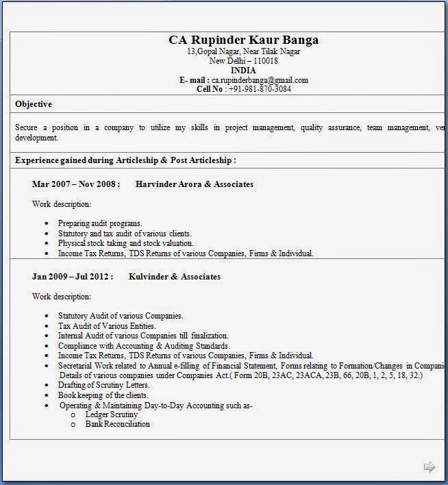 CA Fresher CV Format