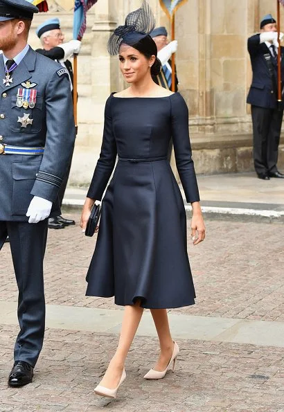 Countess Sophie wore Suzannah Wave Textured Stripe Dress, Meghan Markle wore Dior navy fit and flare dress with bateau neckline. Kate Middleton