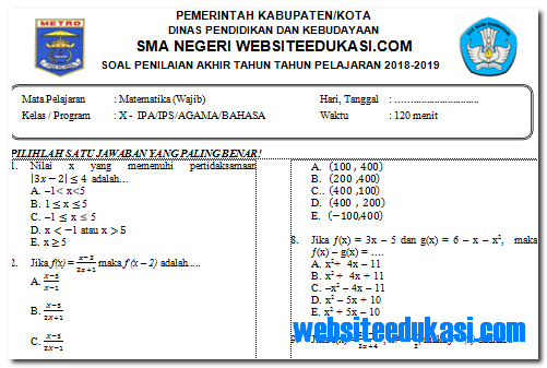 Soal Pat Ukk Matematika Kelas 10 K13 Tahun 2018 2019 Portal Pendidikan