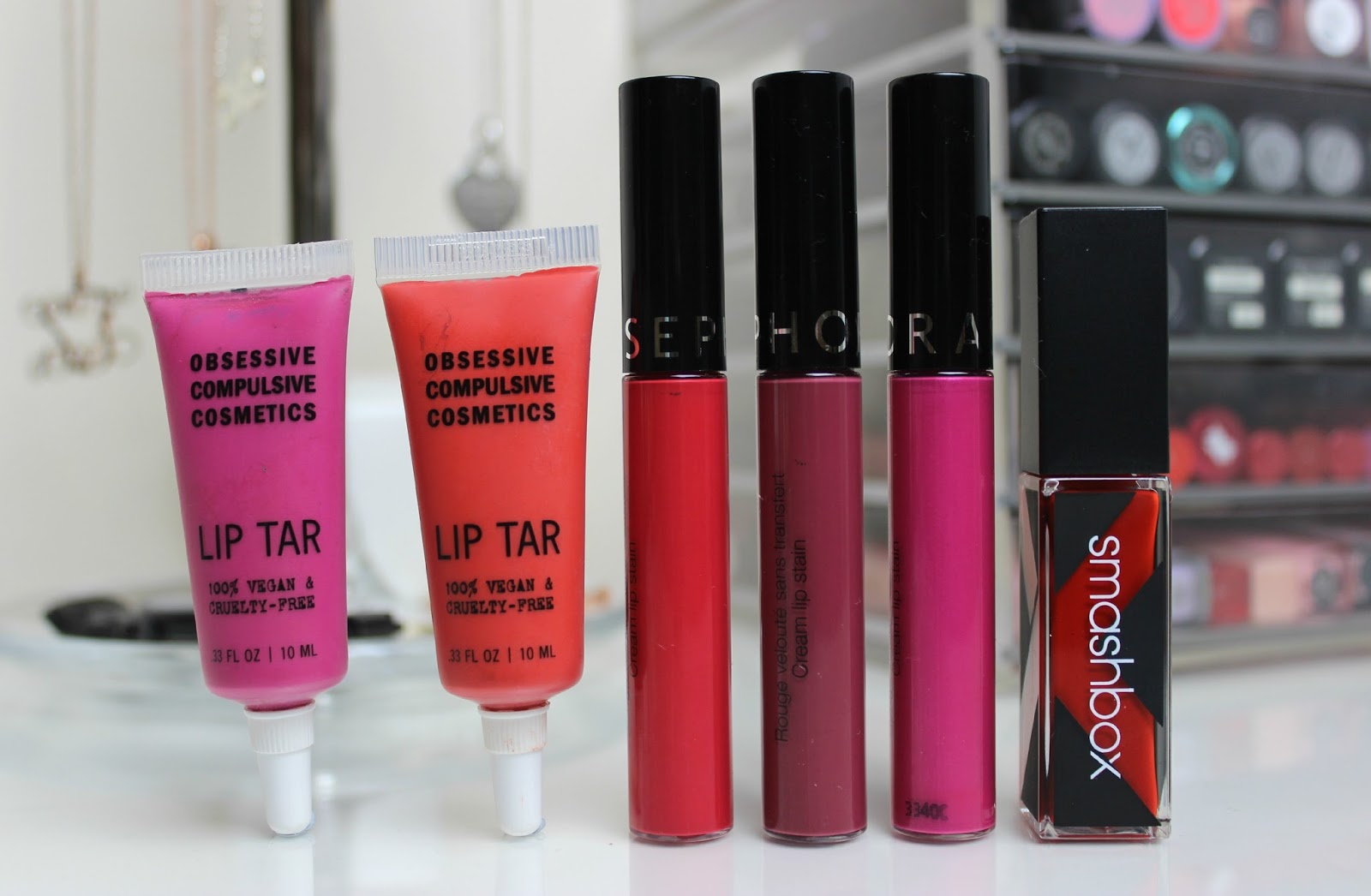 A picture of Obsessive Compulsive Cosmetics Lip Tars, Sephora Collection Cream Lip Stain and Smashbox Be Legendary Long-Wear Lip Lacquer