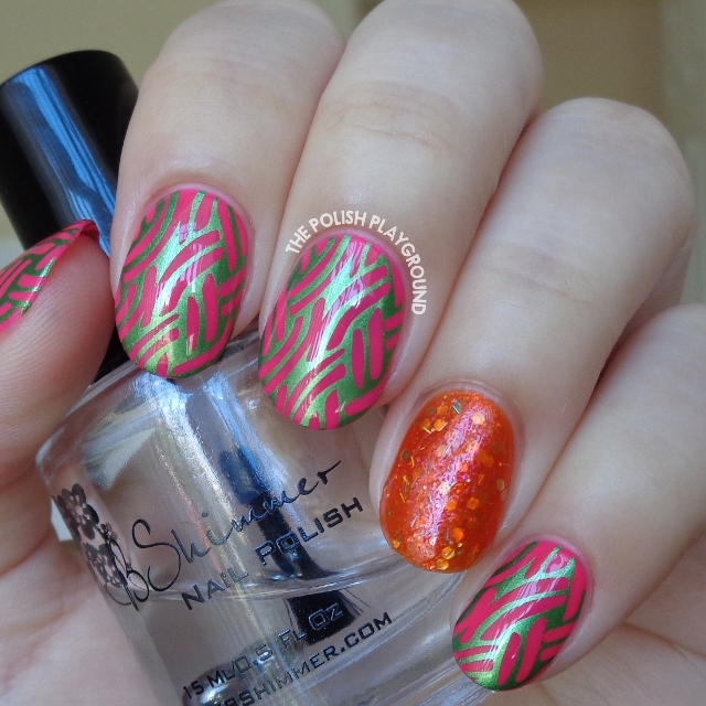 Pink with Green Shimmer Braided Pattern Stamping Nail Art
