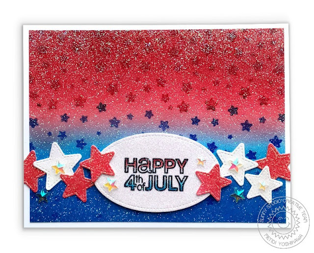Sunny Studio: Glittery Red, White & Blue Fourth of July Card (using Fancy Frames Oval Dies, Window Trio Square dies, Cascading Stars Stamps and Stars & Stripes Stamps)