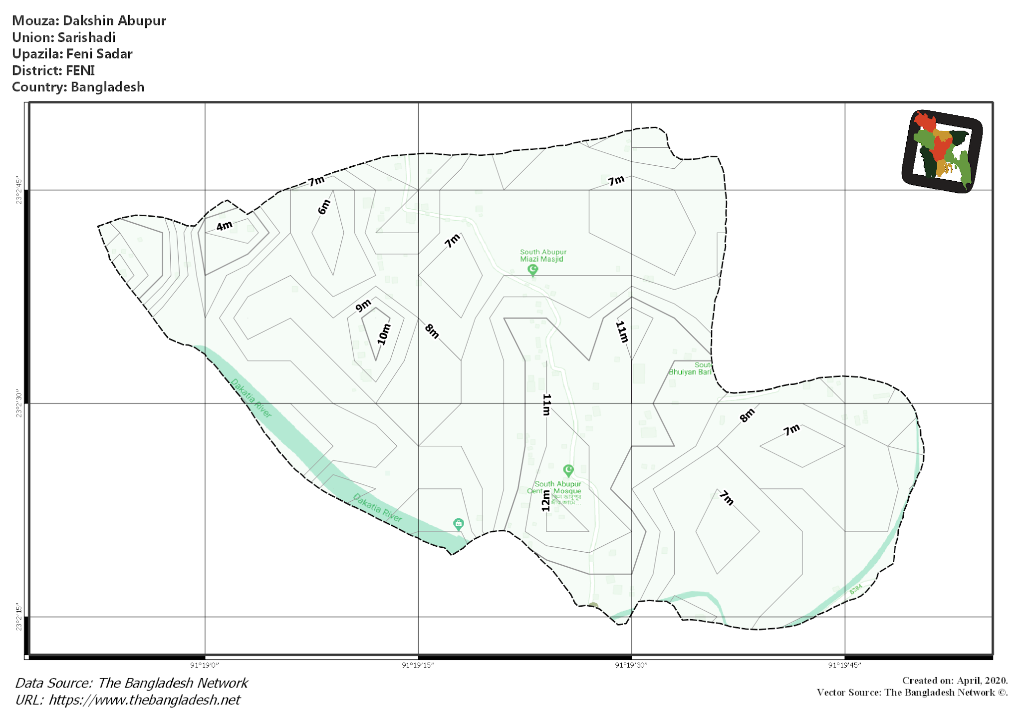 Map of Dakshin Abupur Mouza of Feni Sadar Upazila, FENI, Bangladesh.