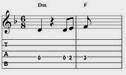 Tablatur over basløet fra D-mol til F-dur akkorden