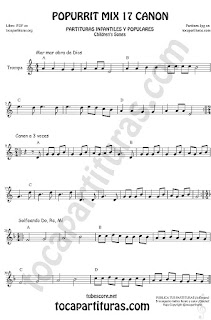 Partitura de Trompa y Corno Francés en Mi bemol Popurrí Mix 17 Forma Canon Mar Obra de Dios, Canon a 3 voces, Solfeando Do, Re, Mi Sheet Music for French Horn 