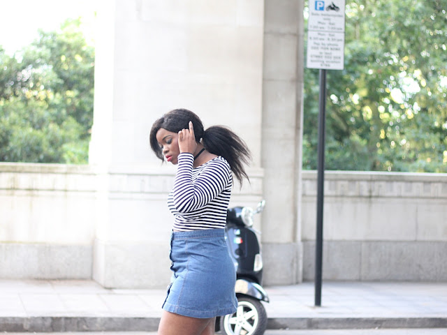 STRIPED TOP AND DENIM SKIRT