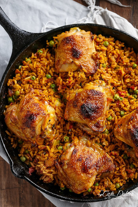 #Recipe : One Pan Crispy Spanish Chicken and Rice