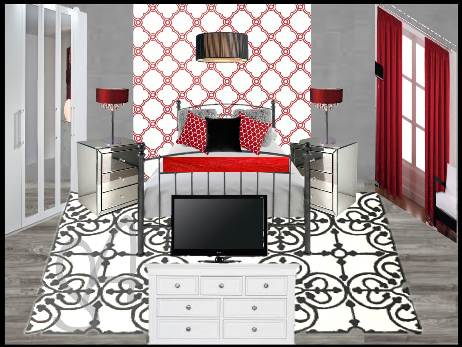 SimiAlexis Interiors Design of a Red, Black & White Bedroom!