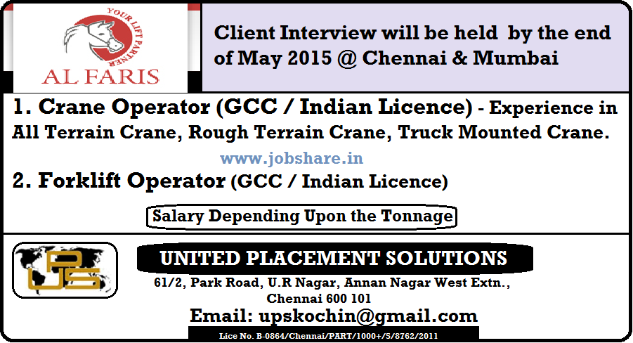 Jobshare Al Faris Crane Forklift Operator Gcc Or Indian Licence Holders