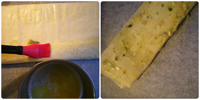 Baklava de pesto de albahaca y nueces: Pintado de la masa filo