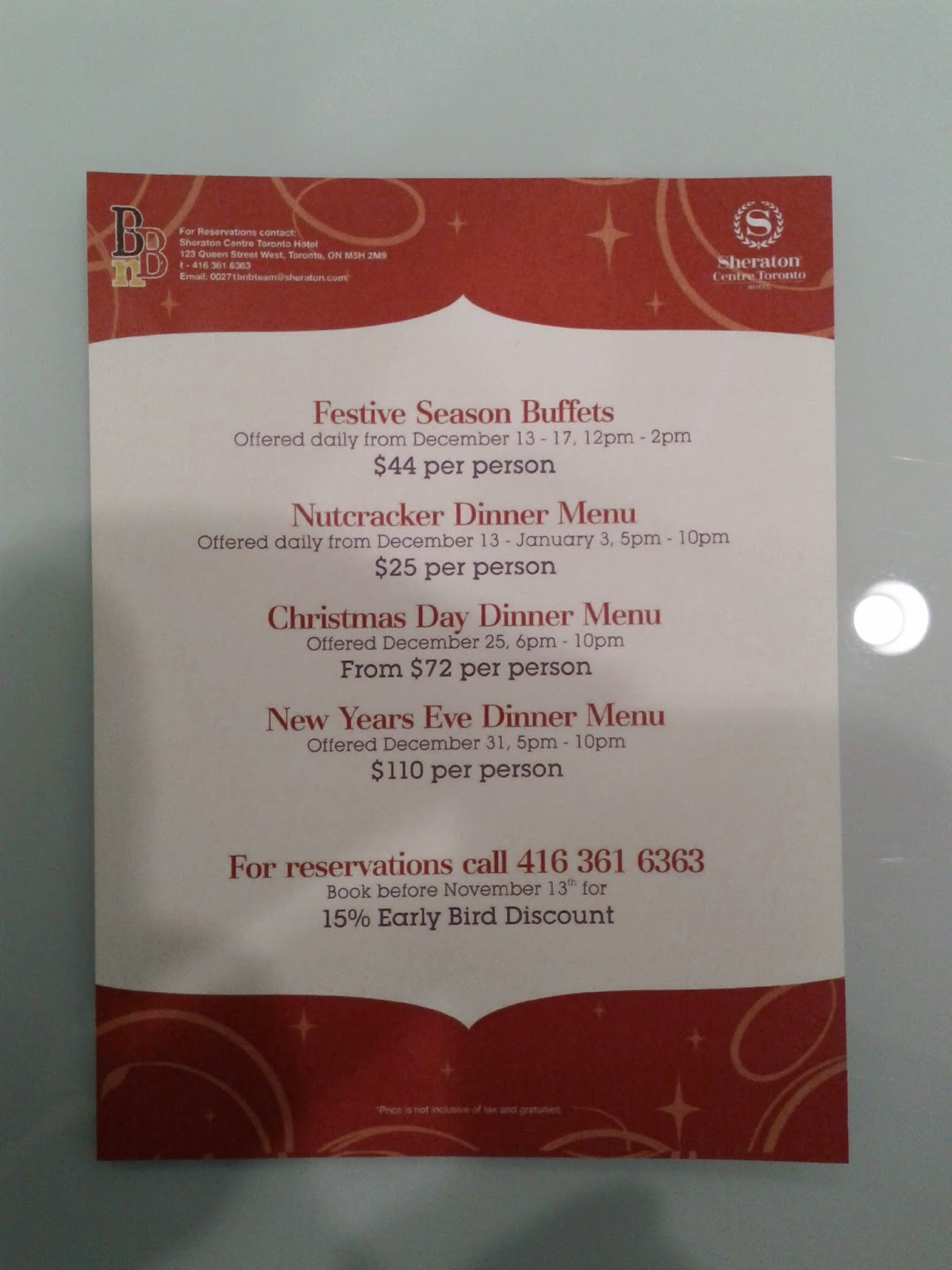 Toronto things Sheraton Hotel Toronto Christmas and New Year's dinner menu