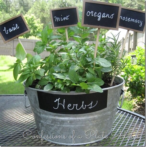 Galvanized Tub Herb Garden with chalk paint and herbs written on the front