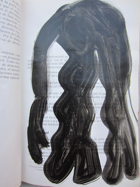 Pintura que muestra una figura negra con botas que se agacha, obra de Emebezeta, realizada en junio de 2012. Mujer. Boots. Stiefeln. 