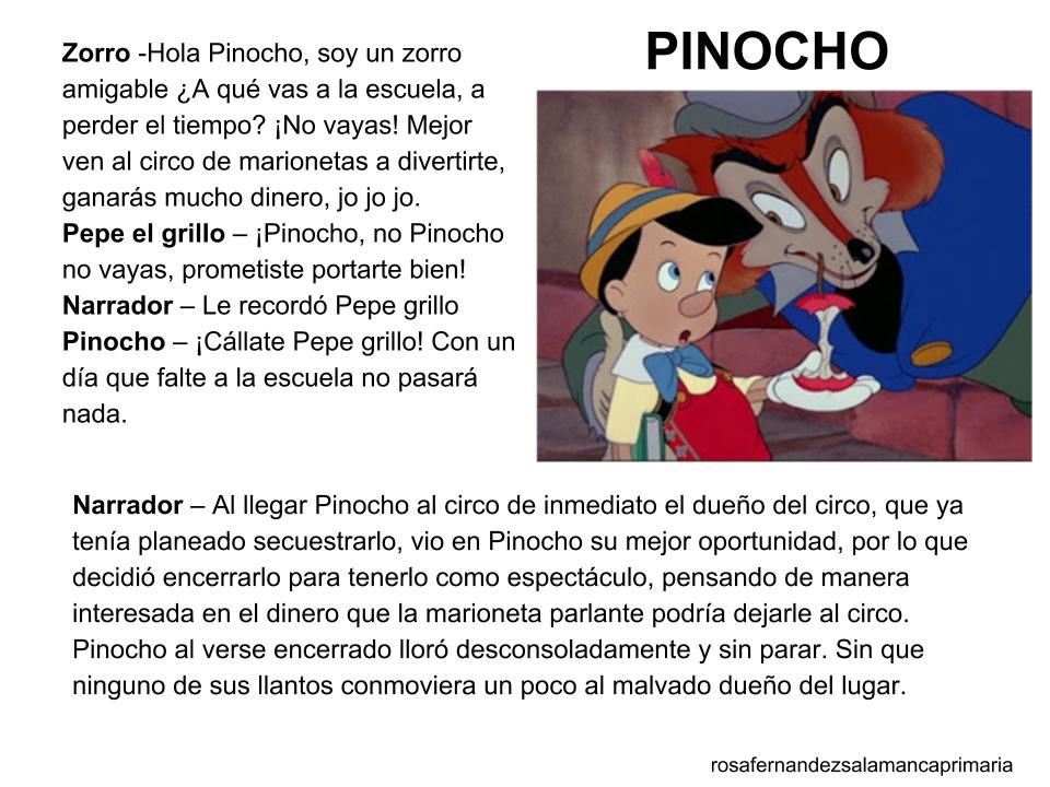 Cuentos infantiles Pinocho. Guión teatral. Cuento popular para leer y ver las imágenes.