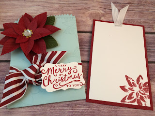 Christmas Gift Card Holder or Special Card: uses Stampin' Up!'s Festive Flower Builder Punch, Reason for the Season stamp set, Mini Treat Bag Thinlits Dies and the Decorative Label Punch.  Love Soft Sky and Cherry Cobbler together!  www.stampwithjennifer.blogspot.com  